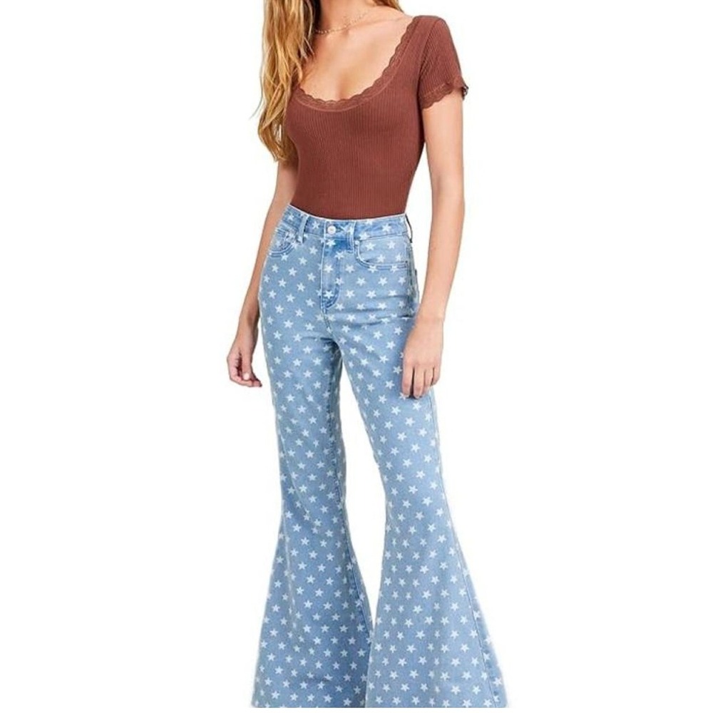 Star Print Light Blue Flare Jeans - Women's Wide Leg